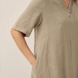 Vestido Midi JAYDA 100% Linho com Decote em V e Camada Dupla