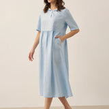 Vestido Comprido Pregueado de Linho 100% com Decote em V SUSAN