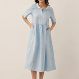 Vestido Comprido Pregueado de Linho 100% com Decote em V SUSAN