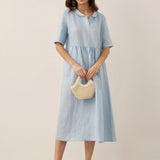 Vestido Comprido Pregueado de Linho 100% com Decote em V SUSAN