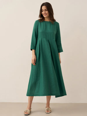 Vestido Maxi Plissado Gola Bateau 100% Linho ABIGAIL