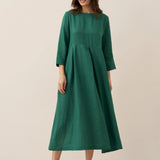 Vestido Maxi Plissado com Decote Barco em 100% Linho ABIGAIL