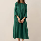 Vestido Maxi Plissado com Decote Barco em 100% Linho ABIGAIL