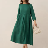 Vestido Maxi Plissado com Decote Barco em 100% Linho ABIGAIL