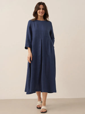 Vestido Maxi Plissado com Decote Bateau 100% Linho