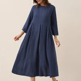 Vestido Maxi Plissado Gola Bateau 100% Linho ABIGAIL