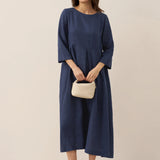 Vestido Maxi Plissado com Decote Barco em 100% Linho ABIGAIL