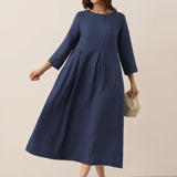 Vestido Maxi Plissado com Decote Barco em 100% Linho ABIGAIL