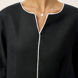 Vestido comprido com folhos e remate contrastante em linho-liocel NYX