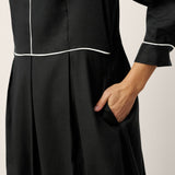 Vestido comprido com folhos e remate contrastante em linho-liocel NYX