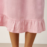 Vestido Midi em Linho 100% com Decote em V, Bainha com Folhos e Detalhe em Croché MARTHA