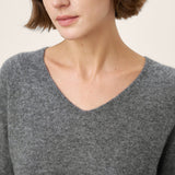 Camisola Tessa de Caxemira da Mongólia e Seda Mulberry com Decote em V e Acabamento Canelado Sem Costuras