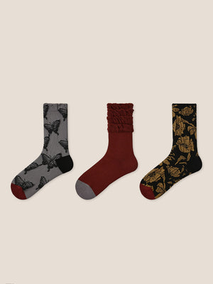 Conjunto de 3 Pares de Meias a Meio da Panturrilha em Algodão de Fibra Longa com Relevo Floral