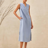 Vestido Maxi TAYLOR de Linho Puro Sem Mangas com Abertura Alta