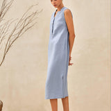 Vestido Maxi TAYLOR de Linho Puro Sem Mangas com Abertura Alta