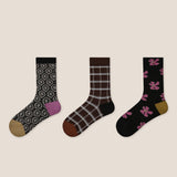 Conjunto de 3 Pares de Meias a Meio da Panturrilha em Algodão de Fibra Longa com Relevo Floral