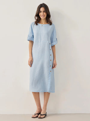 Vestido midi JELENA 100% linho gola redonda com botões