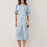 Vestido midi 100% Linho com Decote Redondo e Botões JELENA