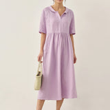 Vestido Comprido Pregueado de Linho 100% com Decote em V SUSAN