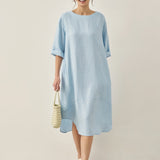 Vestido Midi de Linho 100% com Decote Bateau BROOKE