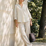 Top Pullover MARGOT em Linho e Liocel, com Gola Listrada e Pregas Invertidas