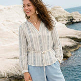 Blusa Boémia de Linho com Gola em V e Riscas Tribais KERENZA