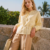 Blusa DOROTHEA com Mangas Balão Franzidas e Atacadores, 100% Linho