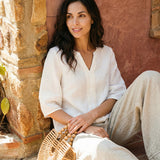 100% Linen Lace Trim Lantern Sleeve V-Neck Top LIVIAN