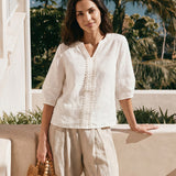 100% Linen Lace Trim Lantern Sleeve V-Neck Top LIVIAN