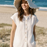 100% Linen Frayed-Trim Drop-Shoulder Top INDIRA