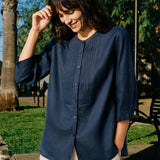Camisa RANA de Linho 100% com Pregas Sanfonadas Esculpidas e Gola Redonda