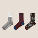 Conjunto de 3 Pares de Meias a Meio da Panturrilha em Algodão de Fibra Longa com Relevo Floral