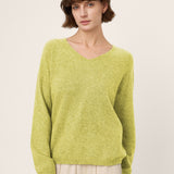 Camisola Tessa de Caxemira da Mongólia e Seda Mulberry com Decote em V e Acabamento Canelado Sem Costuras