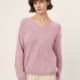 Camisola Tessa de Caxemira da Mongólia e Seda Mulberry com Decote em V e Acabamento Canelado Sem Costuras