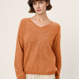 Camisola Tessa de Caxemira da Mongólia e Seda Mulberry com Decote em V e Acabamento Canelado Sem Costuras