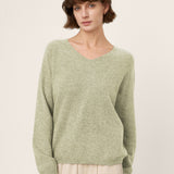 Camisola Tessa de Caxemira da Mongólia e Seda Mulberry com Decote em V e Acabamento Canelado Sem Costuras