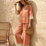 100% Linen Lace-Trim V-Neck Top KEELY