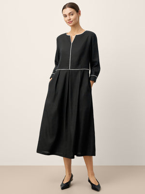 Vestido comprido com folhos e remate contrastante em linho-liocel NYX
