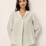 Top Pullover MARGOT em Linho e Liocel, com Gola Listrada e Pregas Invertidas
