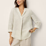 Top Pullover MARGOT em Linho e Liocel, com Gola Listrada e Pregas Invertidas