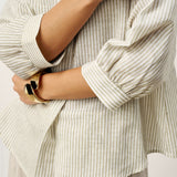 Top Pullover MARGOT em Linho e Liocel, com Gola Listrada e Pregas Invertidas