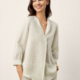 Top Pullover MARGOT em Linho e Liocel, com Gola Listrada e Pregas Invertidas