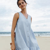 Vestido Céline de Linho de Férias sem Mangas com Decote em V e Comprimento Médio