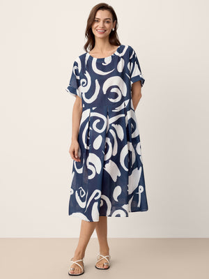 Vestido midi com cintura plissada e estampado abstrato em linho PRIYA
