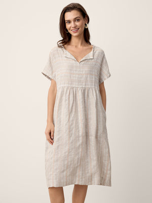 Vestido Midi de Linho com Bainha Franzida e Decote em V SYDNEY