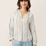 Blusa Boémia de Linho com Gola em V e Riscas Tribais KERENZA