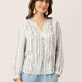 Blusa Boémia de Linho com Gola em V e Riscas Tribais KERENZA