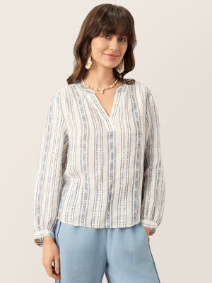 Blusa Boémia de Linho com Gola em V e Riscas Tribais KERENZA