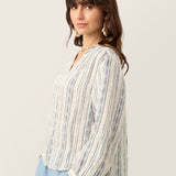 Blusa Boémia de Linho com Gola em V e Riscas Tribais KERENZA