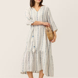 Vestido Maxi Boémio MARLOWE de Linho com Riscas Tribais, Decote em V, Folhos e Cinto Entrançado